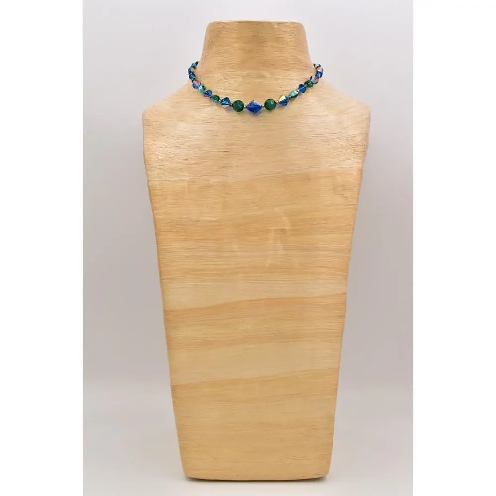Vintage Blue Green Crystal Choker Necklace Sparkling Beaded Chunky 1960s BinBM